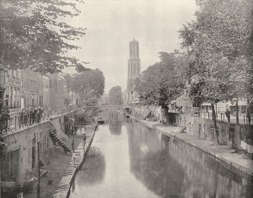 NETHERLANDS. Utrecht- A Typical Old canals. Clock Tower 1895 antique print